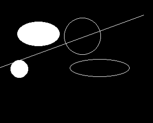 Native BBC Micro MODE 4 output with filled and outlined ellipses, a circle, and a clipped diagonal line