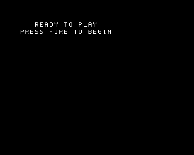An original READY TO PLAY prompt and PRESS FIRE TO BEGIN line centred within the declared panel on BBC Micro MODE 4.