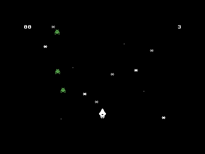 Starfield gameplay — the ship below a descending wave of green invaders over a parallax starfield, with the score and lives readouts