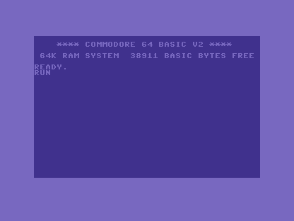 A freshly booted Commodore 64 screen — light-blue border, dark-blue background, the start-up message and READY prompt, with RUN typed below.