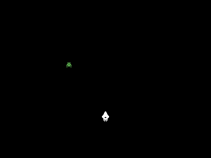 The white ship at the bottom and the green enemy partway down the screen, in different columns — a bullet fired now would pass the enemy without effect.