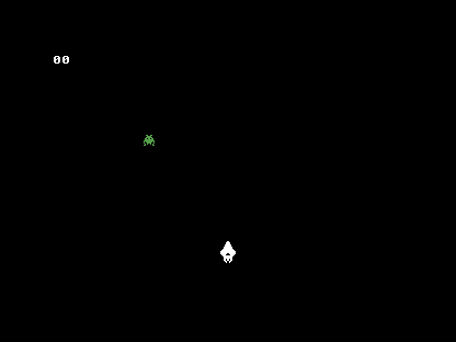 A white 00 in the top-left corner of the screen, above the ship and the descending green enemy — the score readout, not yet counting.