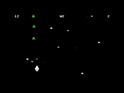 Mid-game: the white ship holding a column on the left, green enemies falling, the score and lives readouts at the corners and a white W2 wave readout at the top centre.