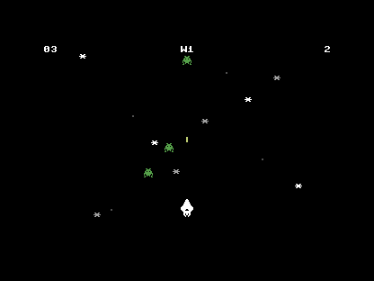 The fixed game: the ship at the bottom centre with enemies converging on its column from above, lives down to 2.