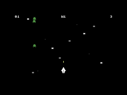 The shipped game: the ship sitting at the bottom centre, three lives, enemies drifting in a lane away from it.