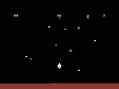 Three green enemies at widely different X positions across the whole width of the screen, the white ship near the bottom.