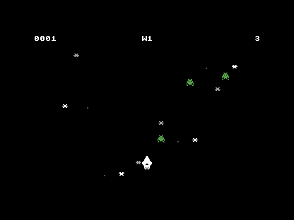 Wave 1: three green enemies spread across the screen, the ship near the bottom, score 0001.