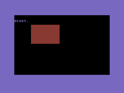 A C64 screen, black background, with a single solid red panel in the upper left.