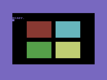 A C64 screen, black background: four solid colour panels in a 2x2 grid — red top-left, cyan top-right, green bottom-left, yellow bottom-right.