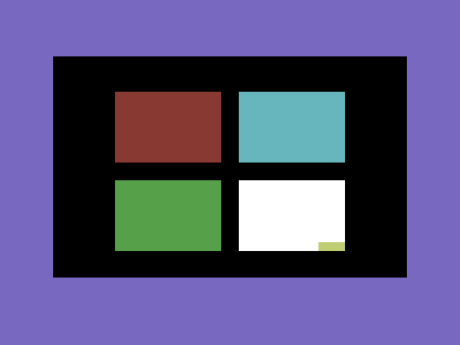 A C64 screen, black background: the four-panel grid with the yellow bottom-right panel lit bright white, mid-sequence.