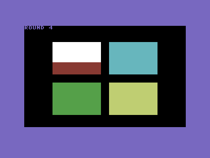A C64 screen, black background: the four-panel grid with ROUND 4 at the top and the red top-left panel lit white.