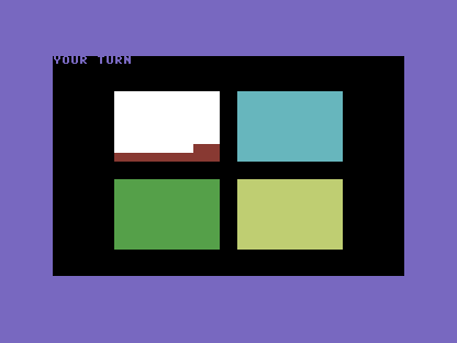 A C64 screen, black background: the four-panel grid with YOUR TURN at the top and the red top-left panel lit white as the player presses its key.