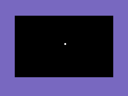 A C64 screen, black background, a single white dot partway down the centre.