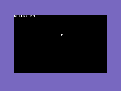 A C64 screen, black background, a white lander partway down with a readout SPEED: 54 at the top.