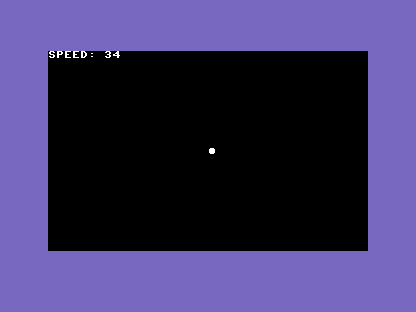 A C64 screen, black background, a white lander mid-screen with a readout SPEED: 34, slowed by thrust.