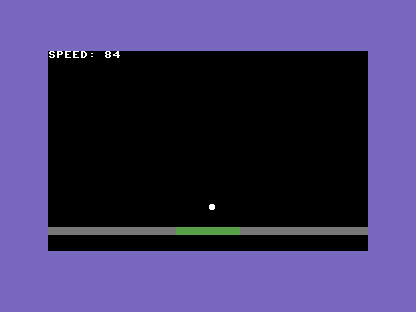 A C64 screen, black: a white lander descending toward a green landing pad set in a grey ground line, readout SPEED: 84.