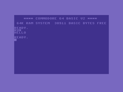 The C64 screen: the startup banner, then RUN, then HELLO, then READY. — light blue text on a blue background.