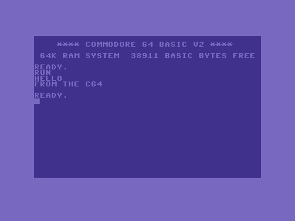 The C64 screen showing two lines, HELLO and FROM THE C64, then READY.