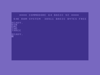 The C64 screen showing ONE, TWO, THREE on three lines, then READY.