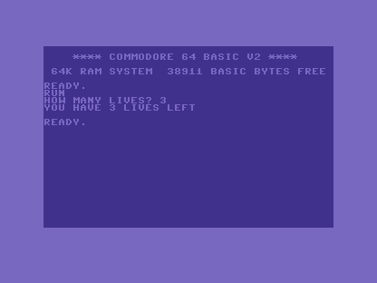 The C64 screen showing HOW MANY LIVES? 3 and then YOU HAVE 3 LIVES LEFT.