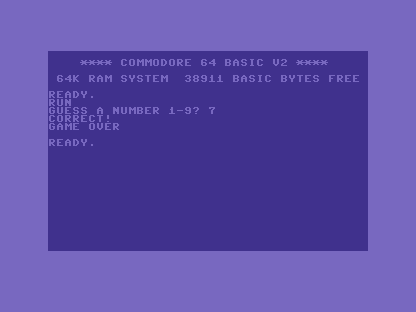 The C64 screen showing GUESS A NUMBER 1-9? 7, then CORRECT!, then GAME OVER.