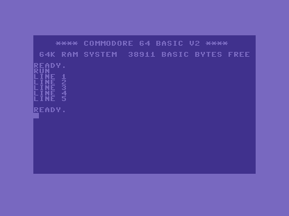 The C64 screen showing LINE 1 through LINE 5 on five lines.