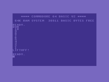 The C64 screen showing 10, 9, 8 down to 1, then LIFTOFF!