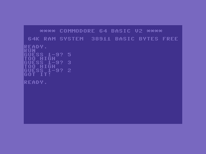 The C64 screen showing GUESS 1-9? 5 TOO HIGH, 3 TOO HIGH, 2 GOT IT!