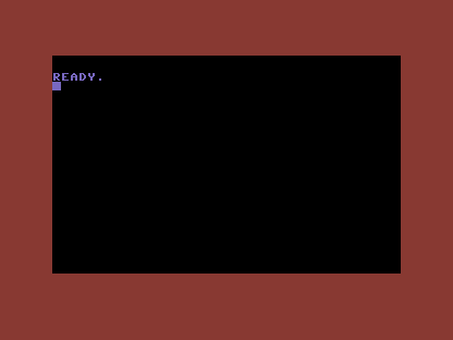 A C64 screen with a red border and a black background, with READY in the top-left.