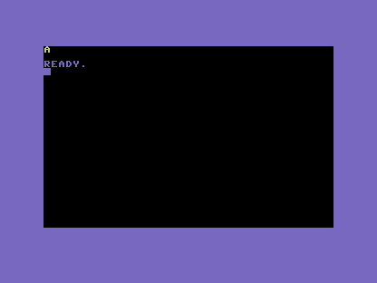 A black C64 screen with a single yellow A in the top-left corner.