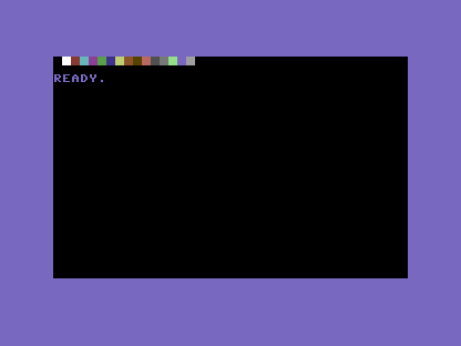 A black C64 screen with a horizontal bar of fifteen coloured blocks along the top.