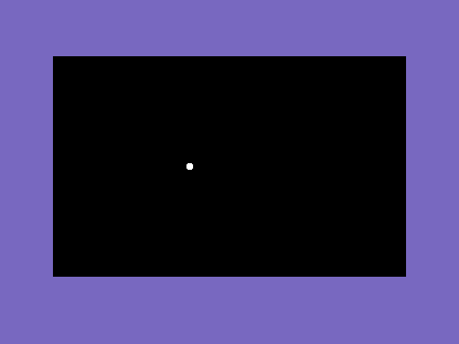 A black C64 screen with a single white ball partway across the middle row.