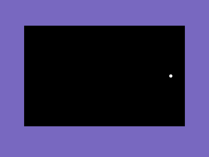 A black C64 screen with a white ball near the right edge of the middle row.