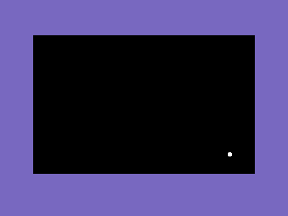 A black C64 screen with a white ball in the lower-right area, mid-diagonal.