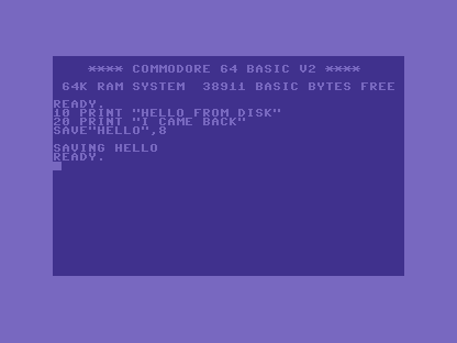 A C64 screen showing the program, the SAVE command, then SAVING HELLO and READY.
