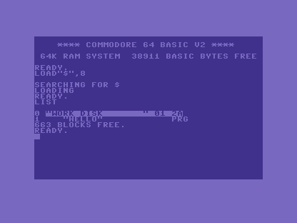 A C64 screen showing the disk directory: the disk name, then 1 HELLO PRG, then 663 BLOCKS FREE.