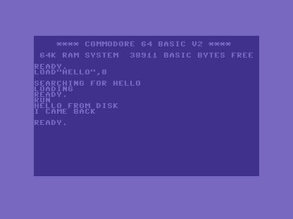 A C64 screen showing LOAD HELLO, SEARCHING FOR HELLO, LOADING, READY, then RUN and the program's two lines of output.