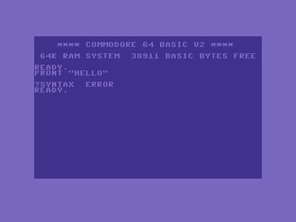A C64 screen showing PRONT HELLO followed by ?SYNTAX ERROR and READY.
