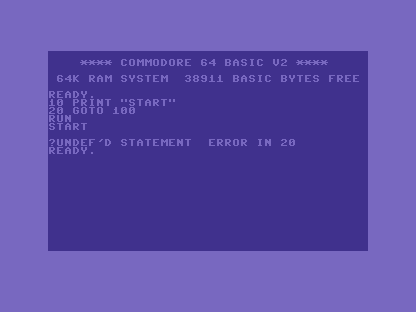 A C64 screen showing the program, START, then ?UNDEF'D STATEMENT ERROR IN 20 and READY.