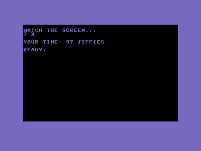 A C64 screen showing a typed answer and the result YOUR TIME: 97 JIFFIES.