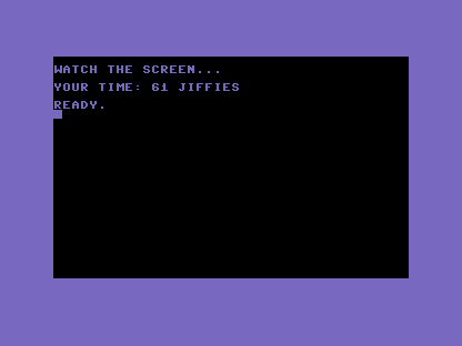 A C64 screen showing YOUR TIME: 61 JIFFIES, with no question-mark prompt above it.