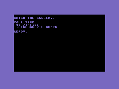 A C64 screen showing YOUR TIME, then 55 JIFFIES, then .916666667 SECONDS.