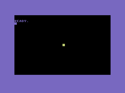 A C64 screen, black background, with a single bright yellow block in the centre.