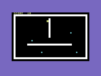 A C64 maze with SCORE 10 on the top row, the rover mid-maze, and four cyan pickups scattered about.