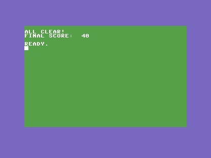 A C64 screen, green background, white text reading ALL CLEAR! and FINAL SCORE: 40.
