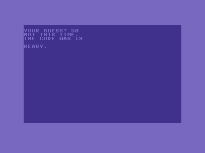 A C64 screen reading YOUR GUESS? 50, NOT THIS TIME, THE CODE WAS 19.