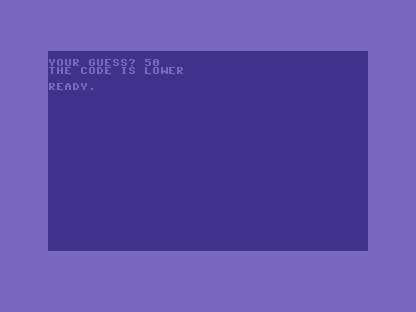 A C64 screen reading YOUR GUESS? 50, THE CODE IS LOWER.