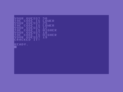 A C64 screen showing a trail of guesses: 50 LOWER, 25 LOWER, 12 HIGHER, 18 HIGHER, 19 CRACKED IT.