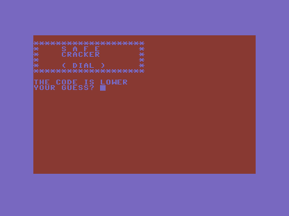 A C64 screen with a red background: a safe drawn in asterisks, THE CODE IS LOWER, and a fresh YOUR GUESS prompt.