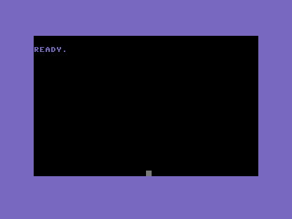 A black C64 screen with a single grey block near the bottom centre.